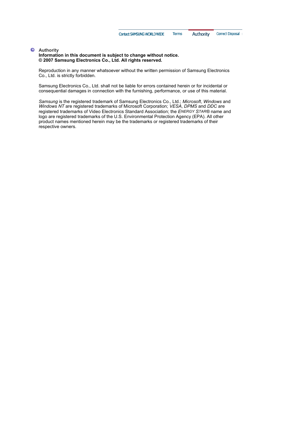 Authority | Samsung LB15VSPNK-XBM User Manual | Page 81 / 82