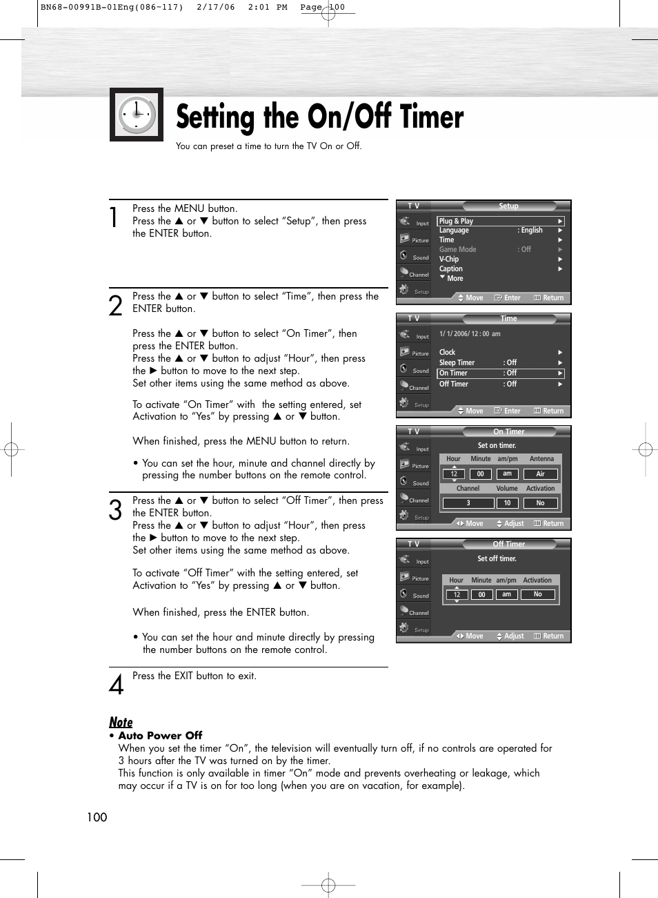 Setting the on/off timer | Samsung HPS4253X-XAP User Manual | Page 100 / 144
