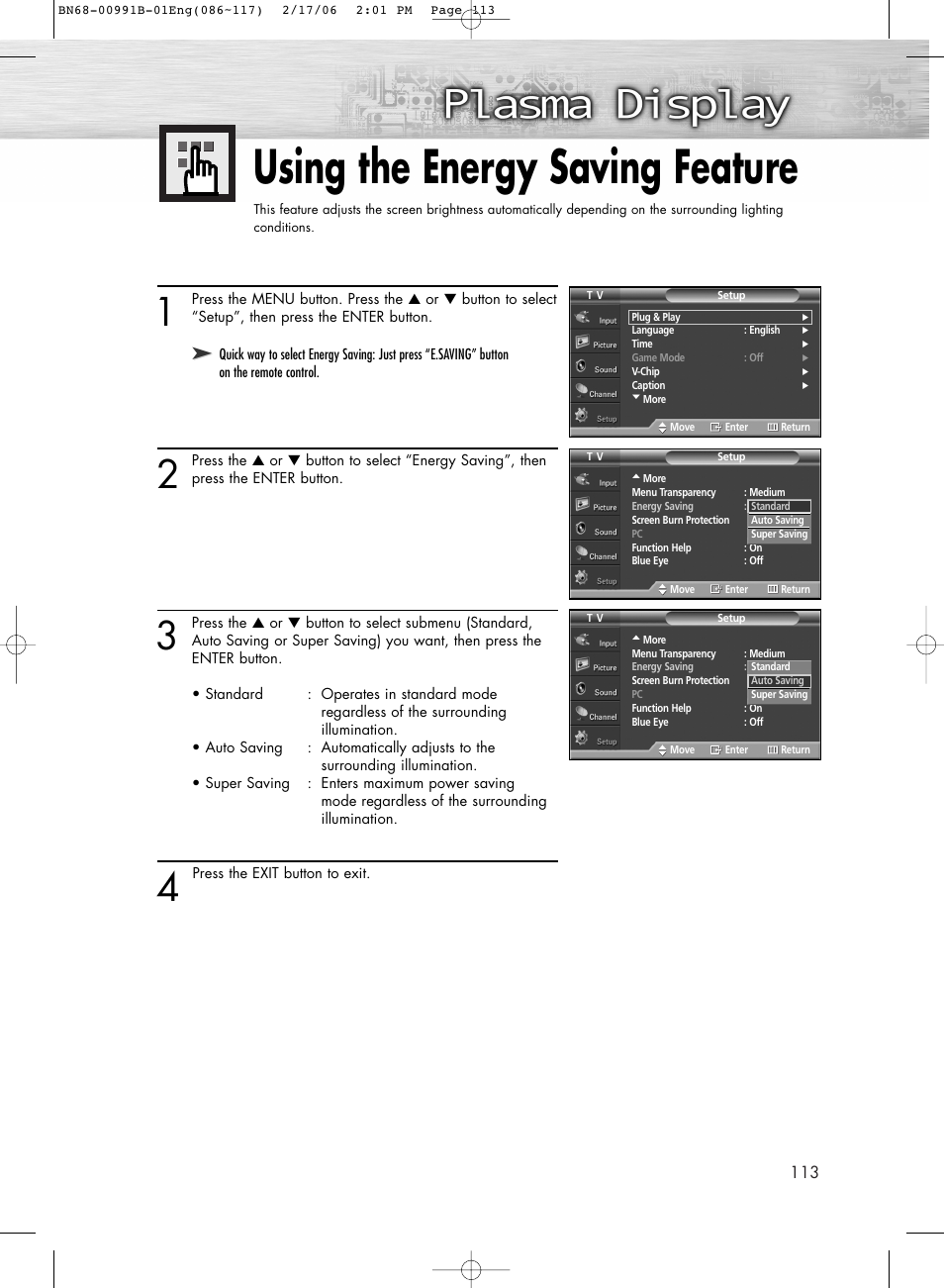 Using the energy saving feature | Samsung HPS4253X-XAP User Manual | Page 113 / 144