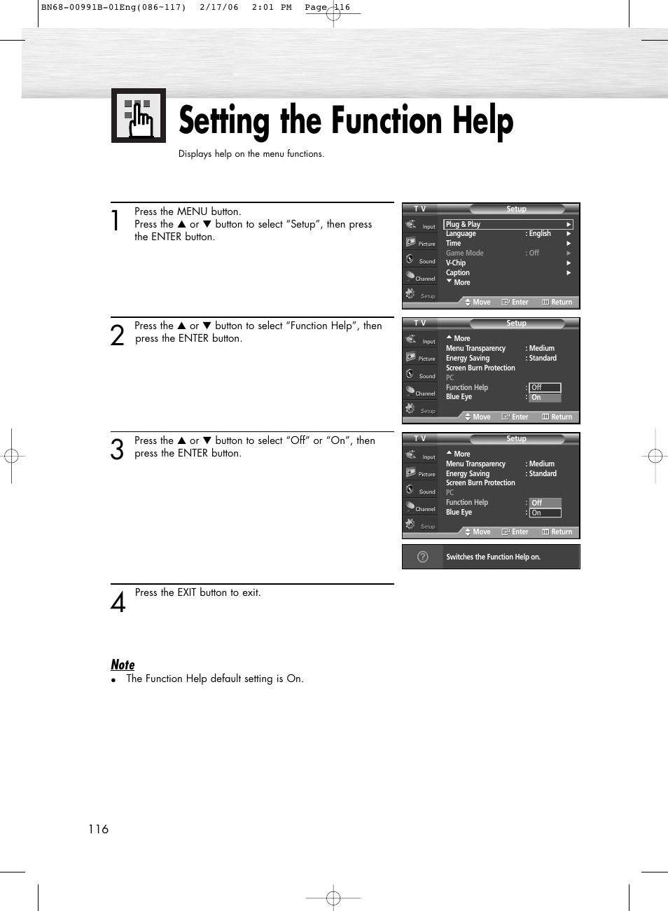Setting the function help | Samsung HPS4253X-XAP User Manual | Page 116 / 144