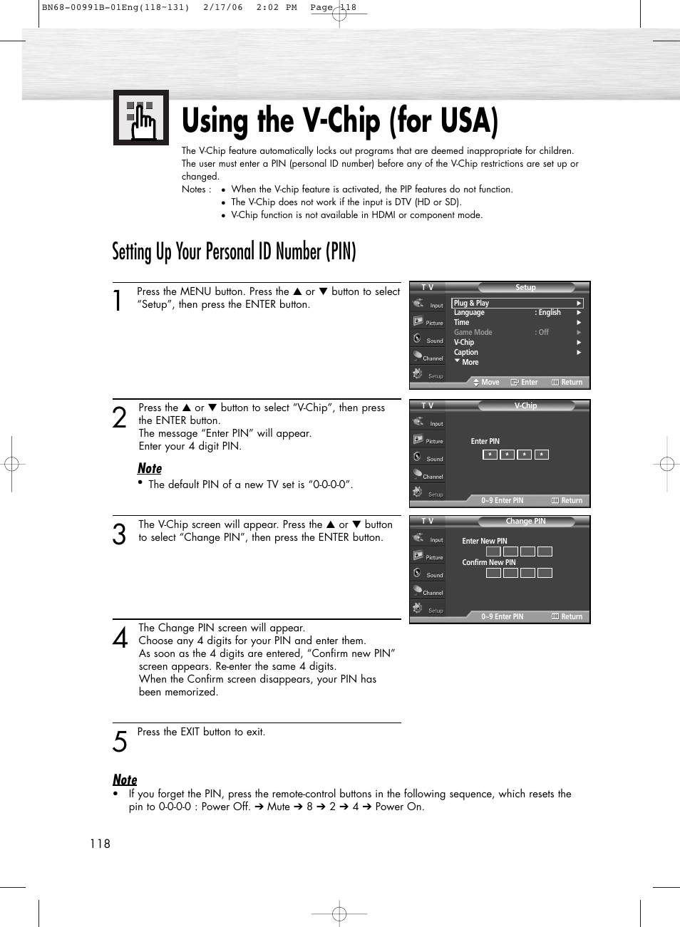 Using the v-chip(for usa), Using the v-chip (for usa), Setting up your personal id number (pin) | Samsung HPS4253X-XAP User Manual | Page 118 / 144