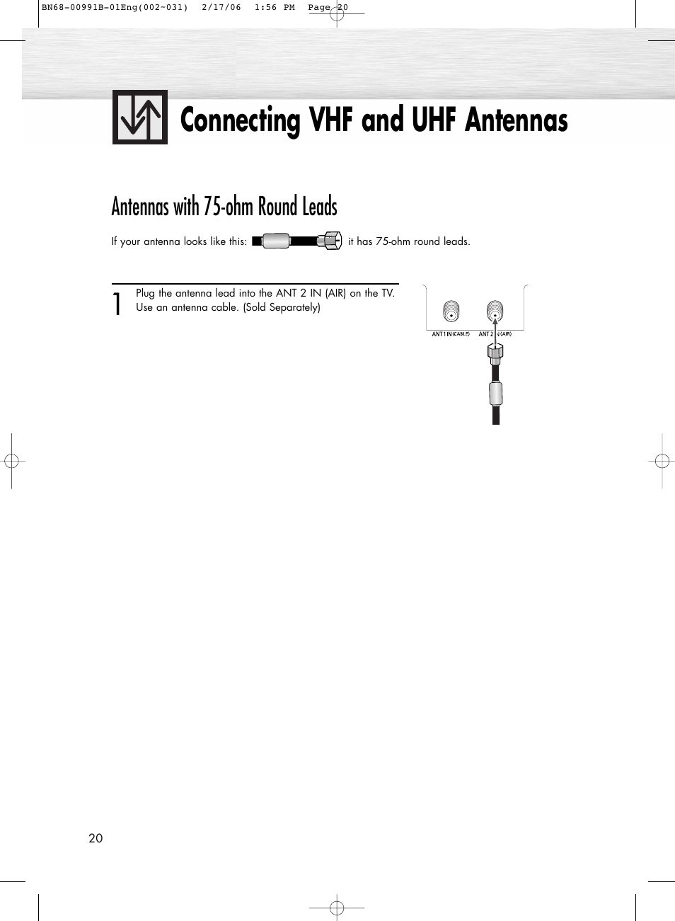 Connections, Connecting vhf and uhf antennas, Antennas with 75-ohm round leads | Samsung HPS4253X-XAP User Manual | Page 20 / 144