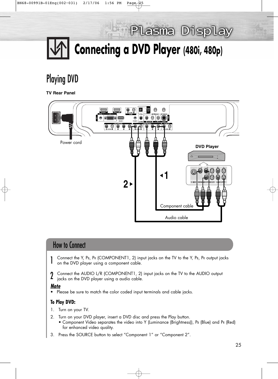Connecting a dvd player(480i,480p), Connecting a dvd player, Playing dvd | How to connect | Samsung HPS4253X-XAP User Manual | Page 25 / 144
