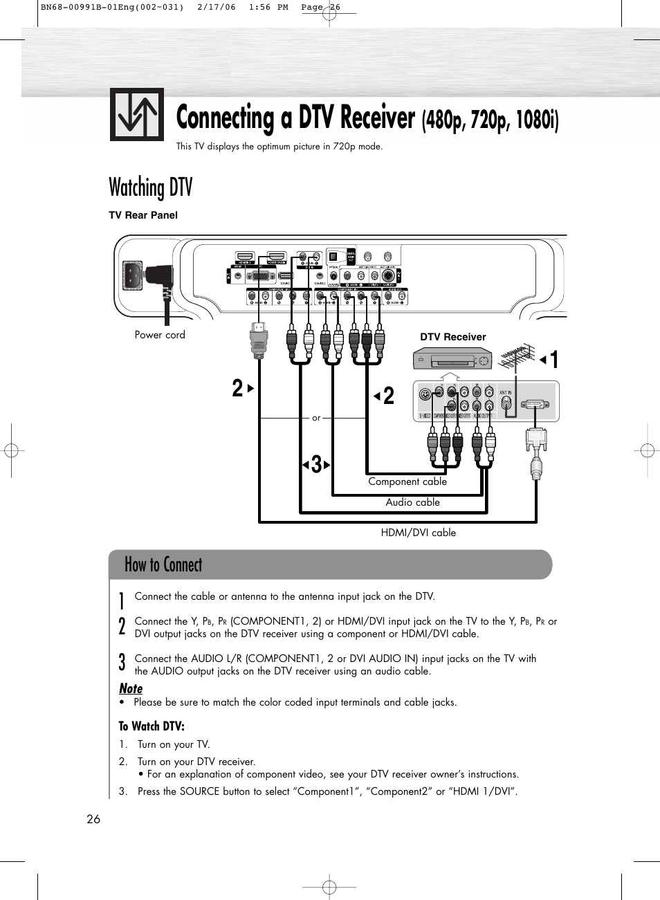 Connecting a dtv receiver(480p,720p,1080i), Connecting a dtv receiver, Watching dtv | How to connect | Samsung HPS4253X-XAP User Manual | Page 26 / 144