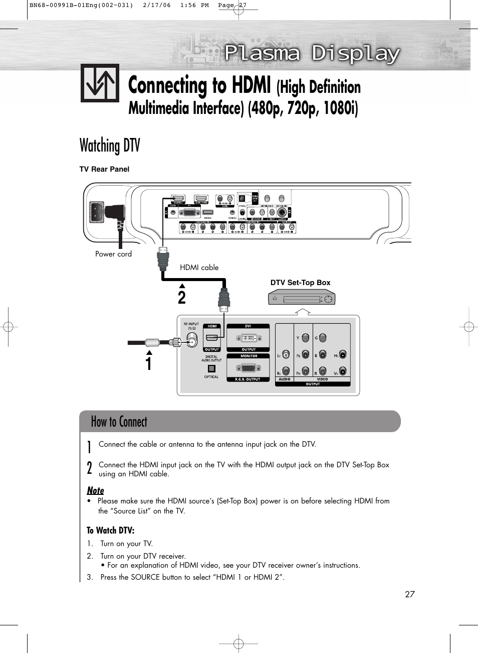 Connecting to hdmi, Watching dtv, How to connect | Samsung HPS4253X-XAP User Manual | Page 27 / 144