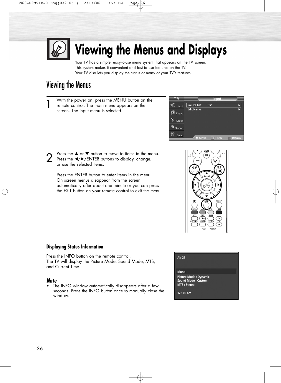 Viewing the menus and displays, Viewing the menus | Samsung HPS4253X-XAP User Manual | Page 36 / 144