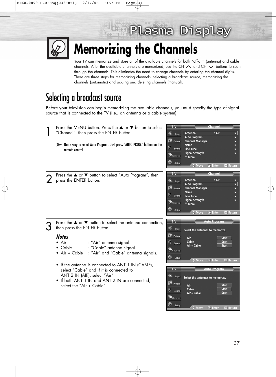 Memorizing the channels, Selecting a broadcast source | Samsung HPS4253X-XAP User Manual | Page 37 / 144