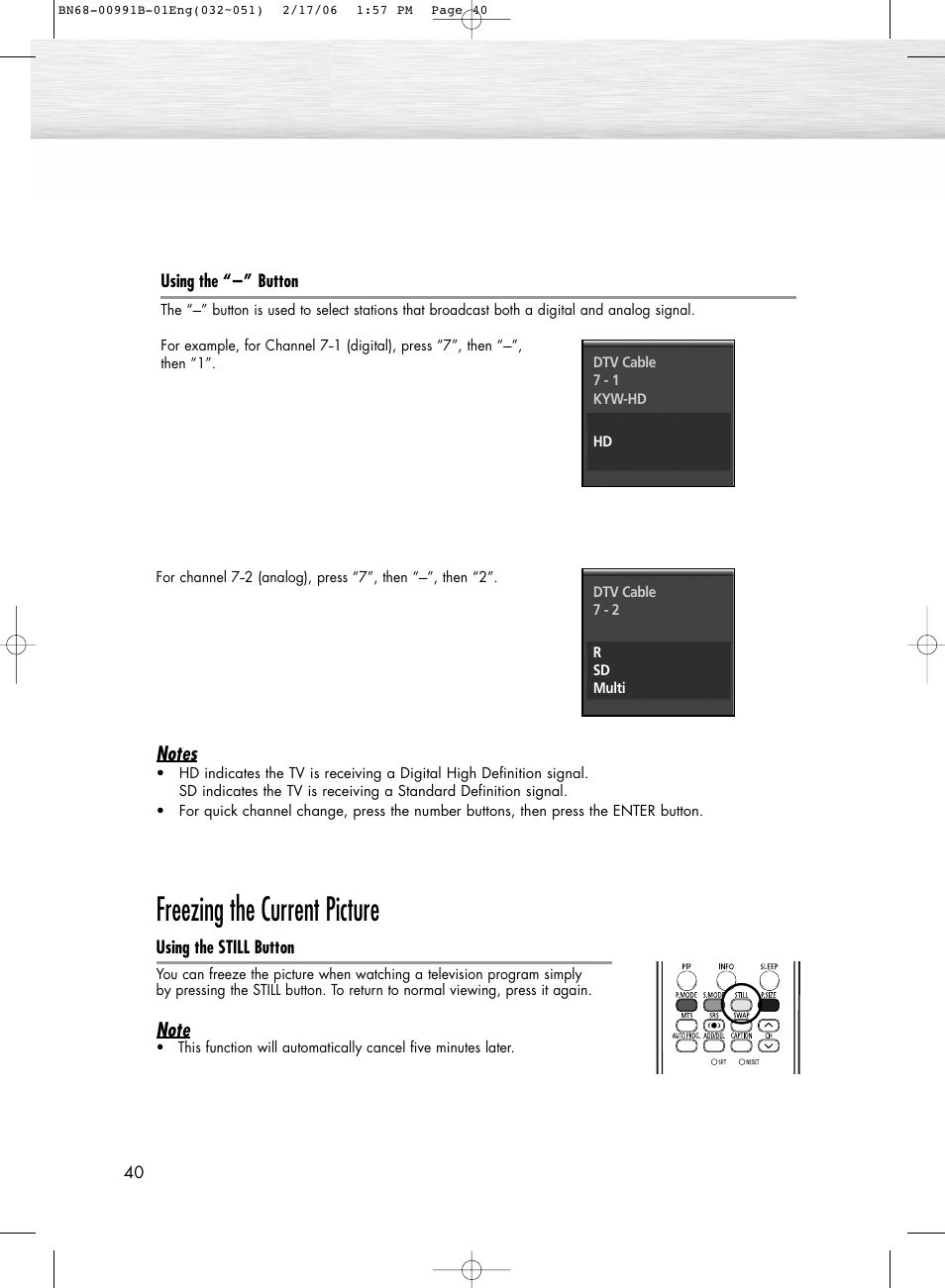 Freezing the current picture | Samsung HPS4253X-XAP User Manual | Page 40 / 144