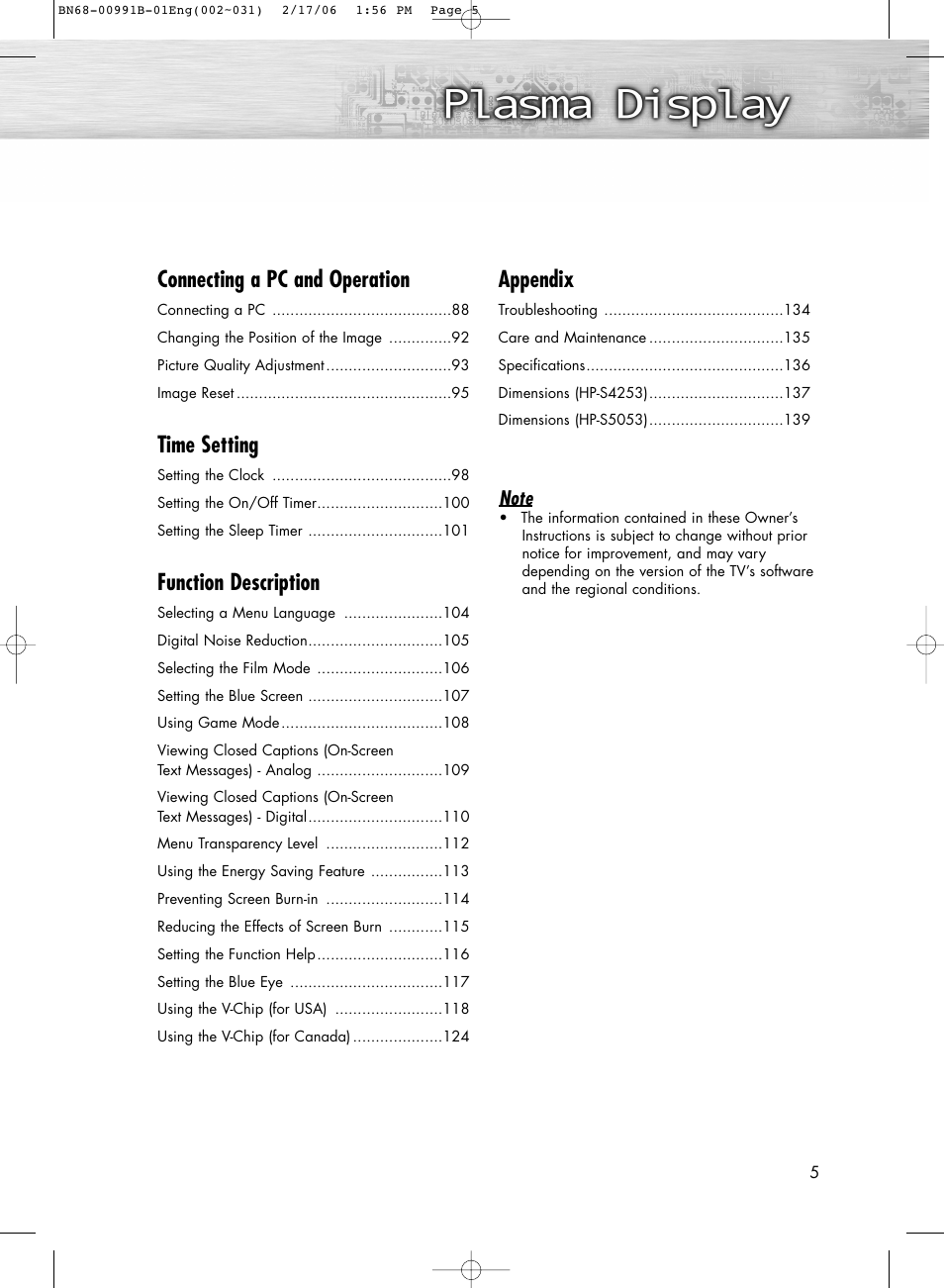 Connecting a pc and operation, Time setting, Function description | Appendix | Samsung HPS4253X-XAP User Manual | Page 5 / 144