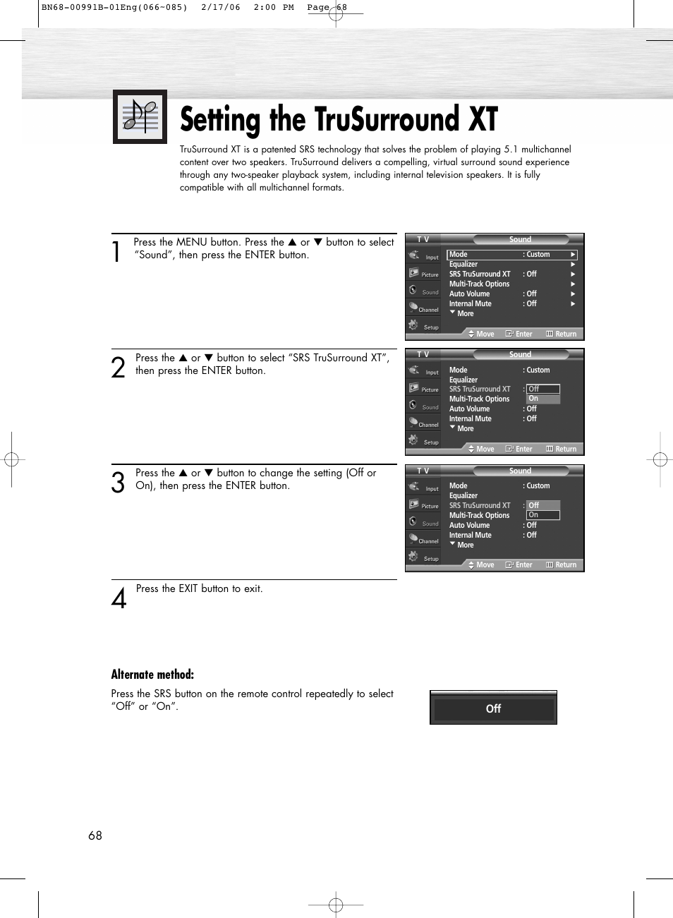 Setting the trusurround xt, Alternate method | Samsung HPS4253X-XAP User Manual | Page 68 / 144