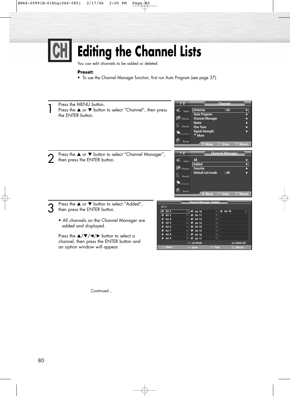 Editing the channel lists | Samsung HPS4253X-XAP User Manual | Page 80 / 144