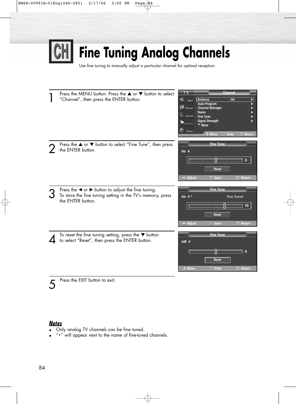 Fine tuning analog channels | Samsung HPS4253X-XAP User Manual | Page 84 / 144