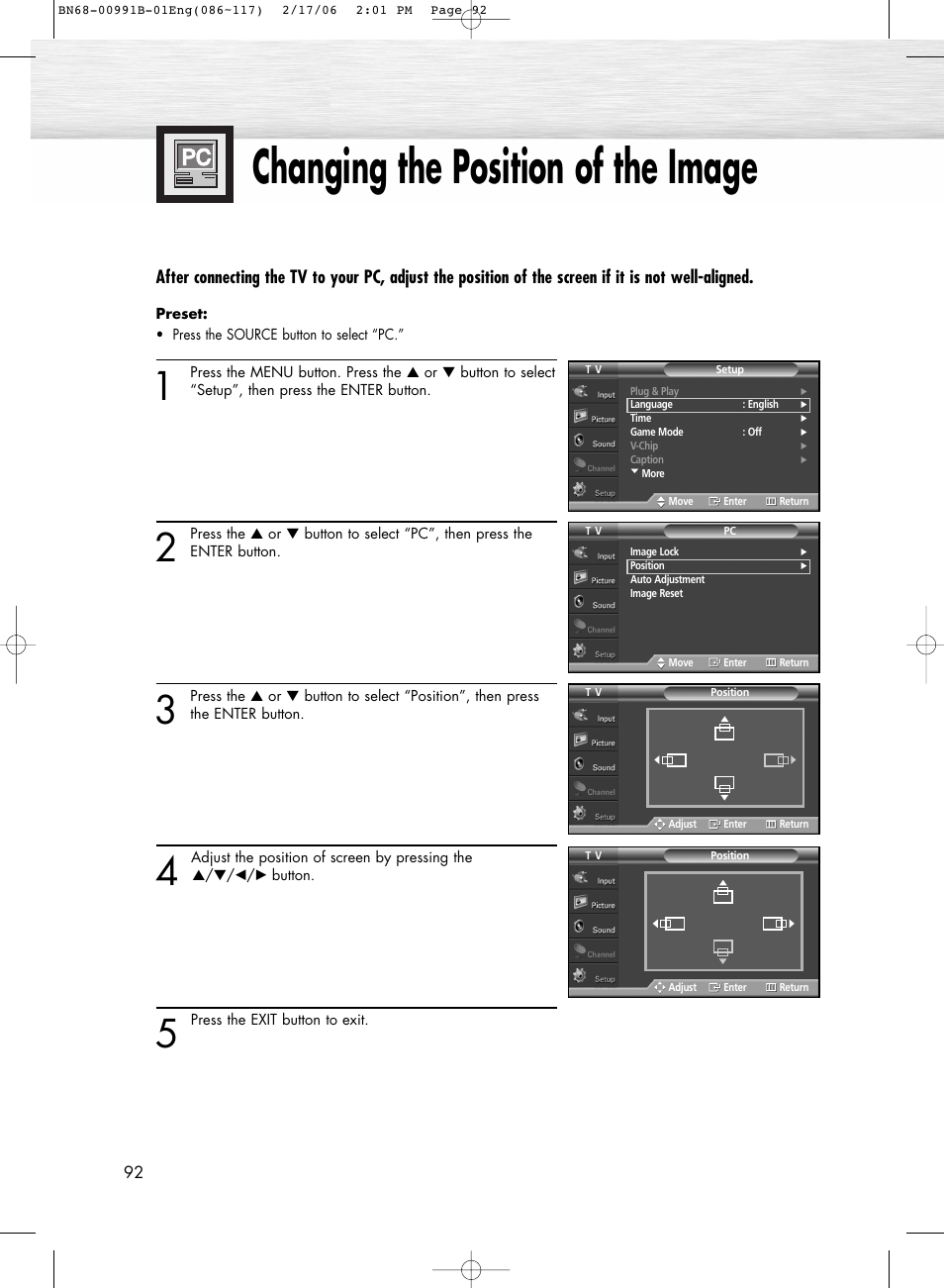 Changing the position of the image | Samsung HPS4253X-XAP User Manual | Page 92 / 144