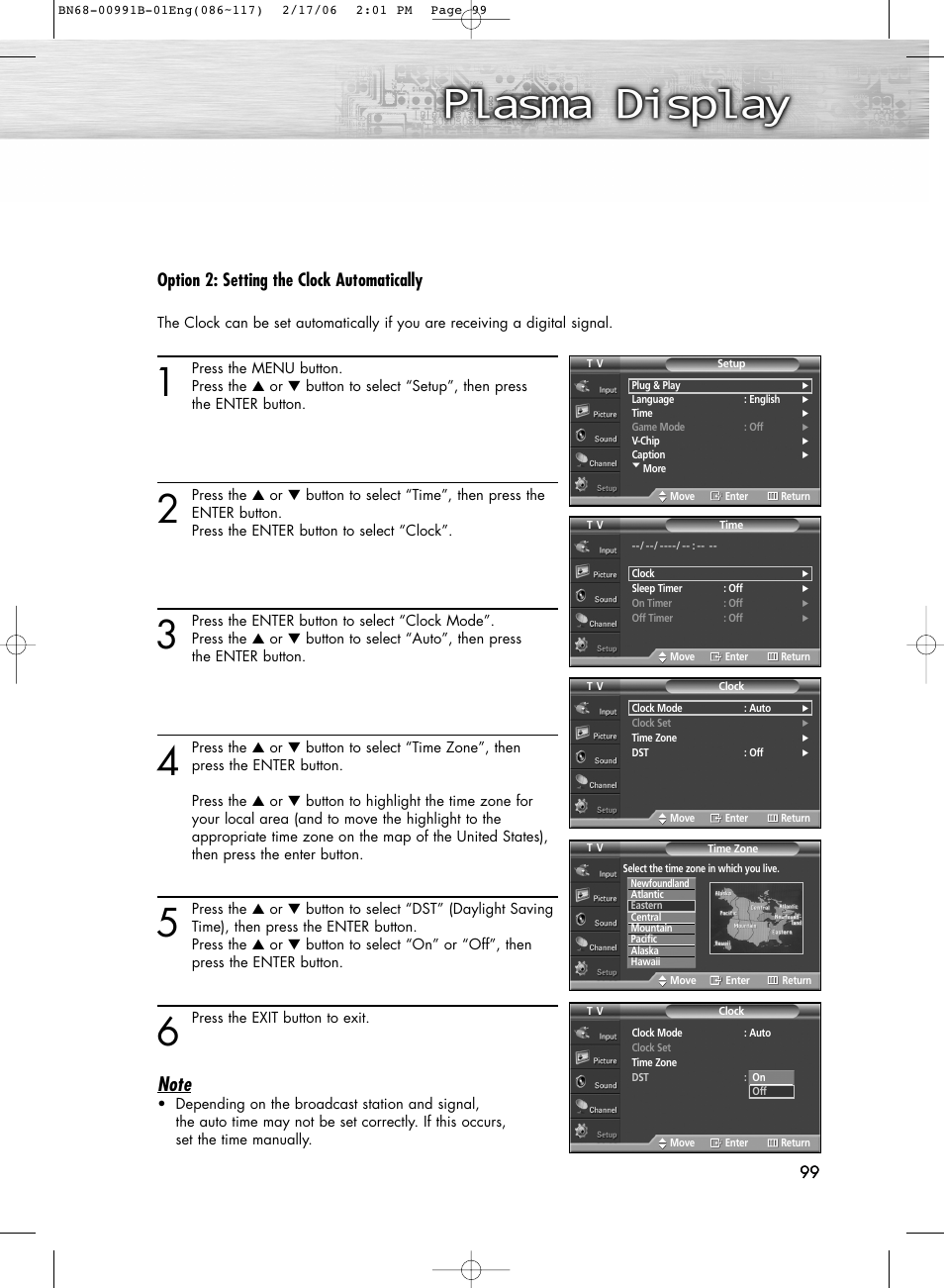 Option 2: setting the clock automatically | Samsung HPS4253X-XAP User Manual | Page 99 / 144