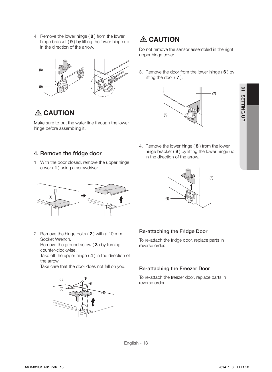 Caution, Remove the fridge door | Samsung RS25H5121SR-AA User Manual | Page 13 / 96