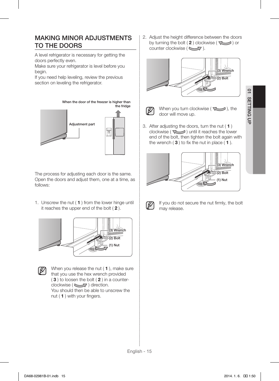 Making minor adjustments to the doors | Samsung RS25H5121SR-AA User Manual | Page 15 / 96