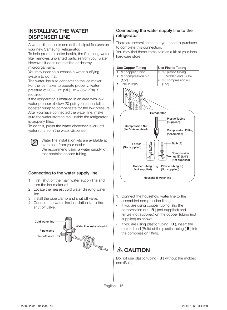 Caution, Installing the water dispenser line | Samsung RS25H5121SR-AA User Manual | Page 16 / 96