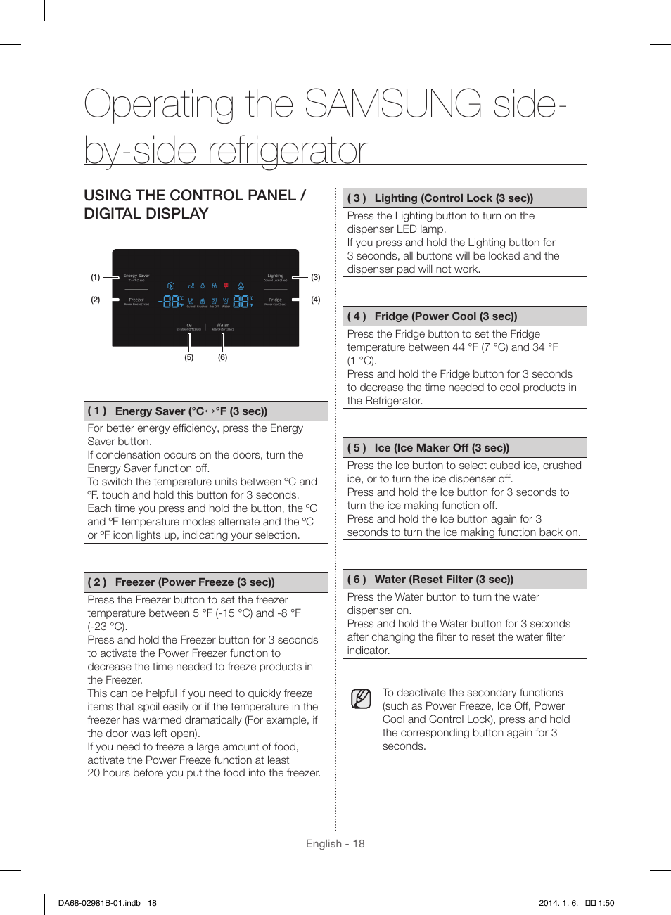 Operating the samsung side- by-side refrigerator, Using the control panel / digital display | Samsung RS25H5121SR-AA User Manual | Page 18 / 96