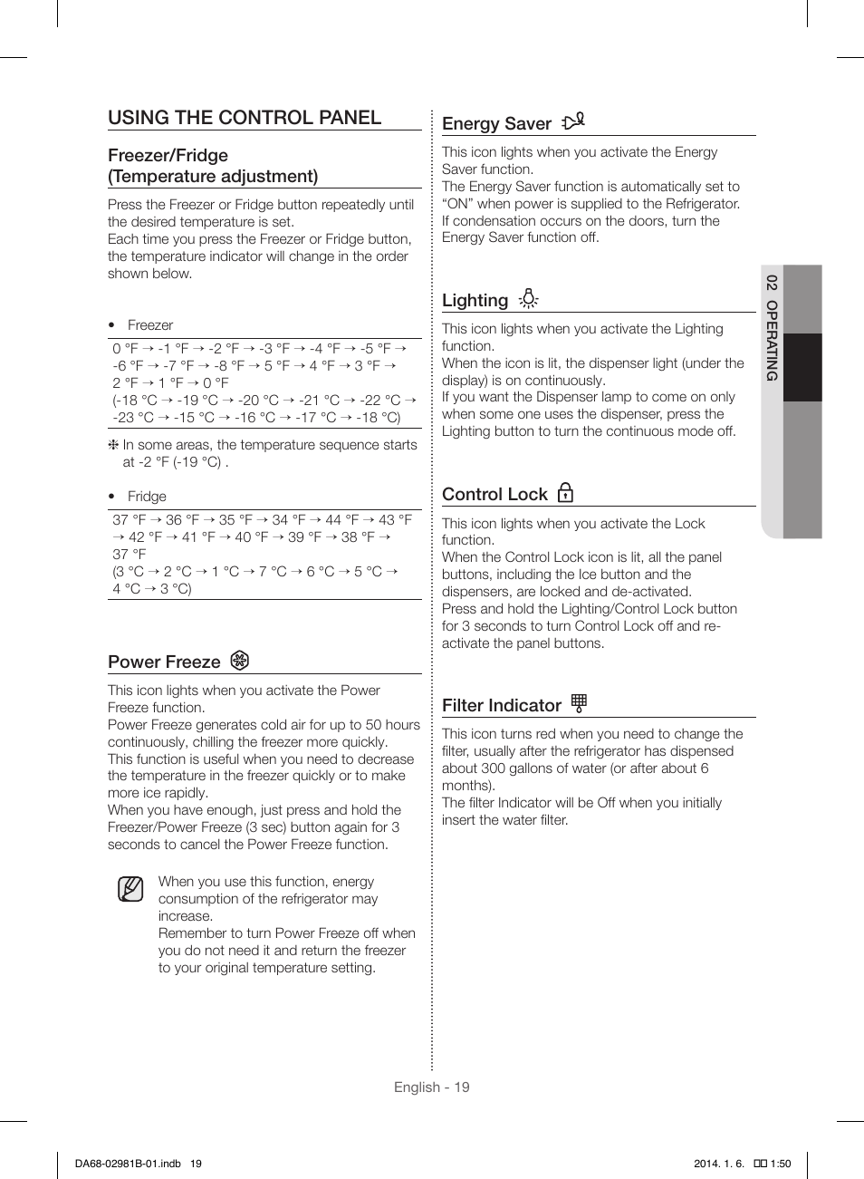 Using the control panel | Samsung RS25H5121SR-AA User Manual | Page 19 / 96