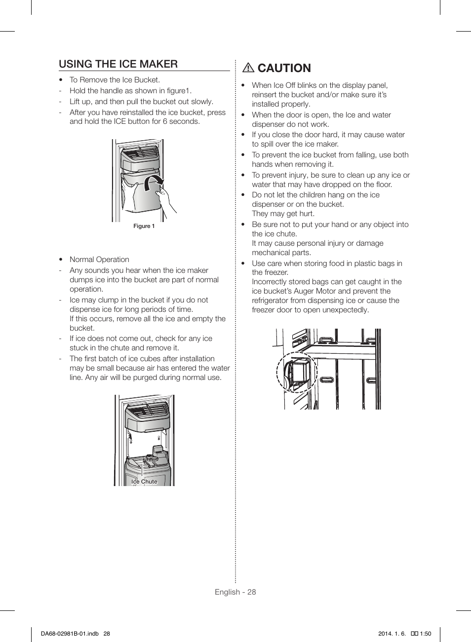 Caution, Using the ice maker | Samsung RS25H5121SR-AA User Manual | Page 28 / 96