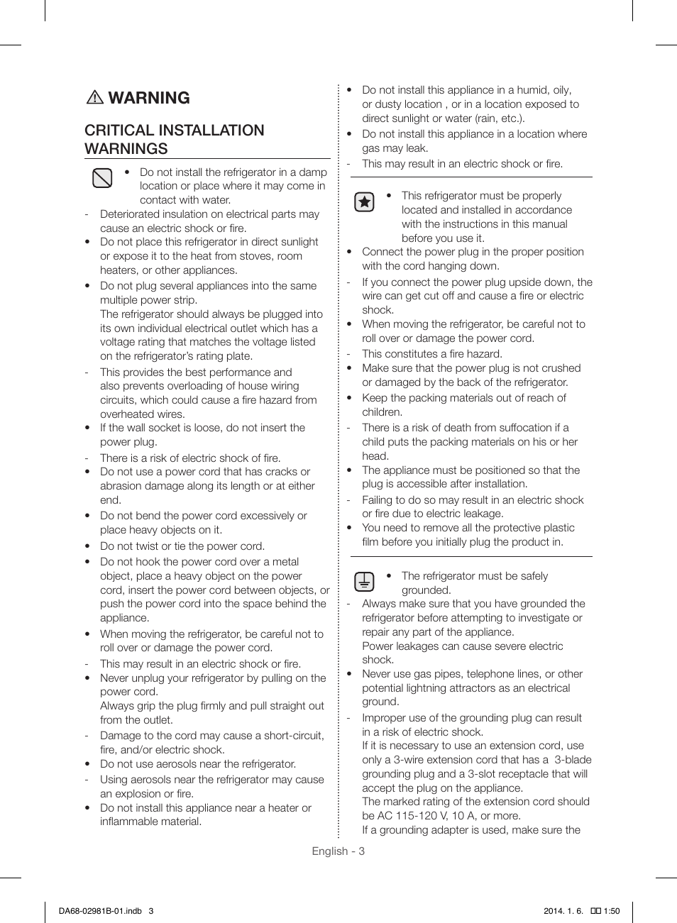 Warning, Critical installation warnings | Samsung RS25H5121SR-AA User Manual | Page 3 / 96