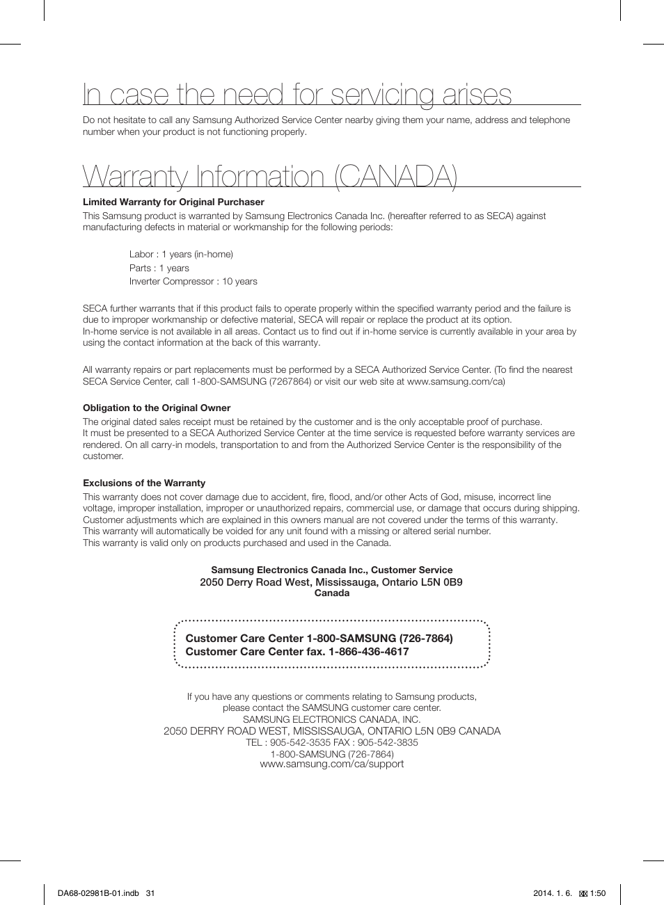 Warranty information (canada) | Samsung RS25H5121SR-AA User Manual | Page 31 / 96