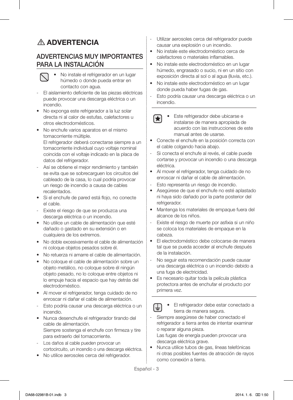 Advertencia, Advertencias muy importantes para la instalación | Samsung RS25H5121SR-AA User Manual | Page 35 / 96