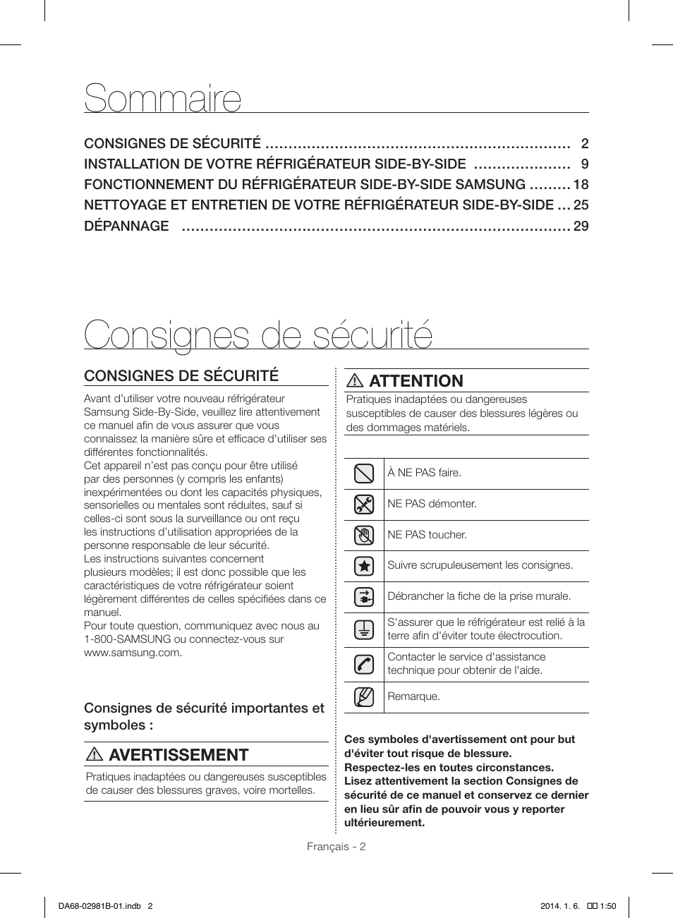 Consignes de sécurité, Sommaire | Samsung RS25H5121SR-AA User Manual | Page 66 / 96