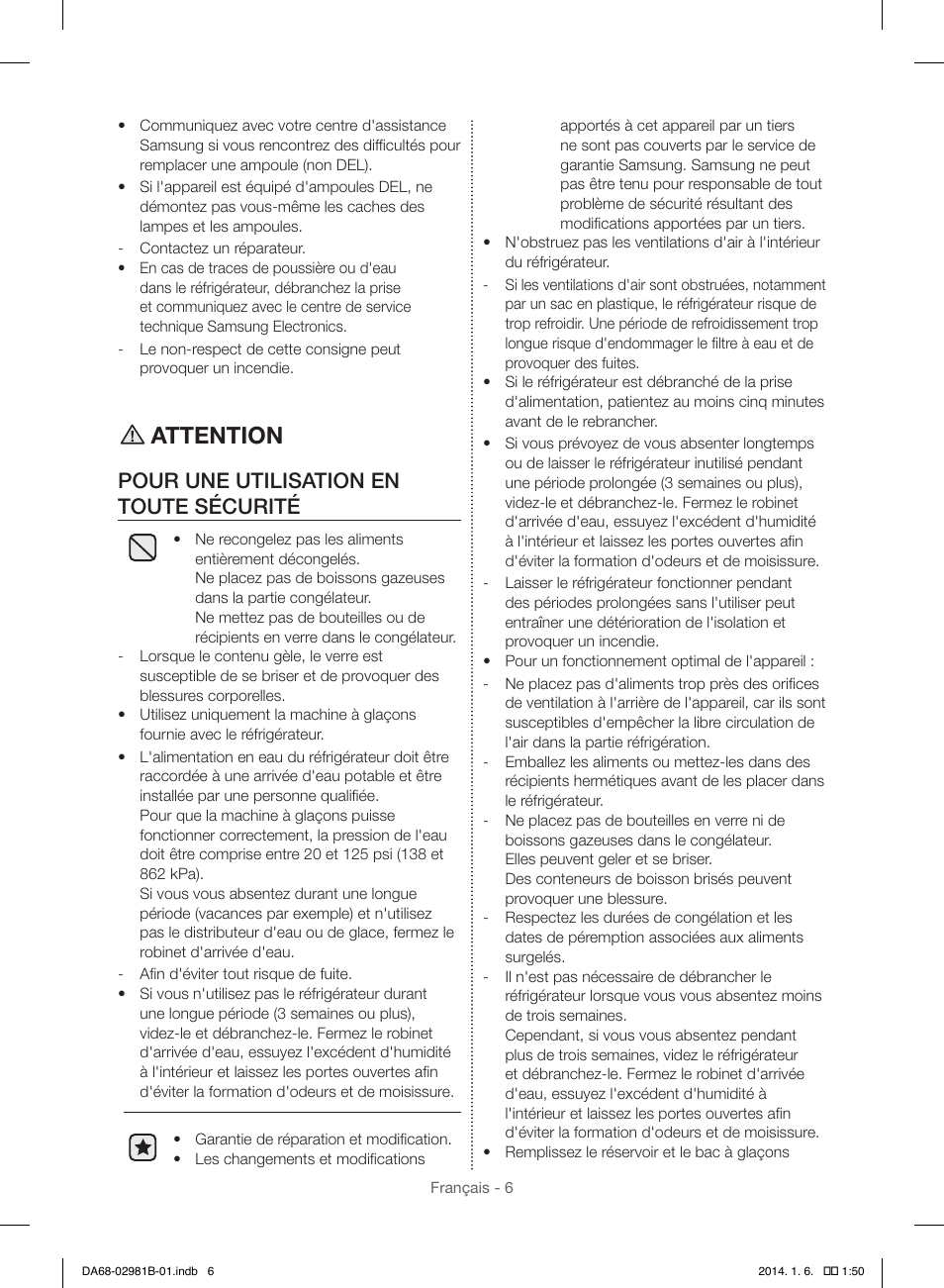 Attention, Pour une utilisation en toute sécurité | Samsung RS25H5121SR-AA User Manual | Page 70 / 96