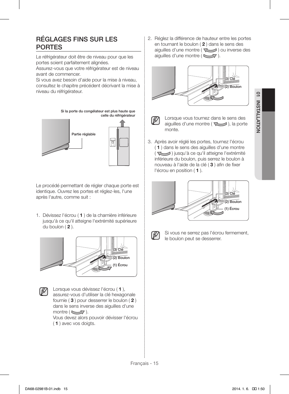 Réglages fins sur les portes | Samsung RS25H5121SR-AA User Manual | Page 79 / 96