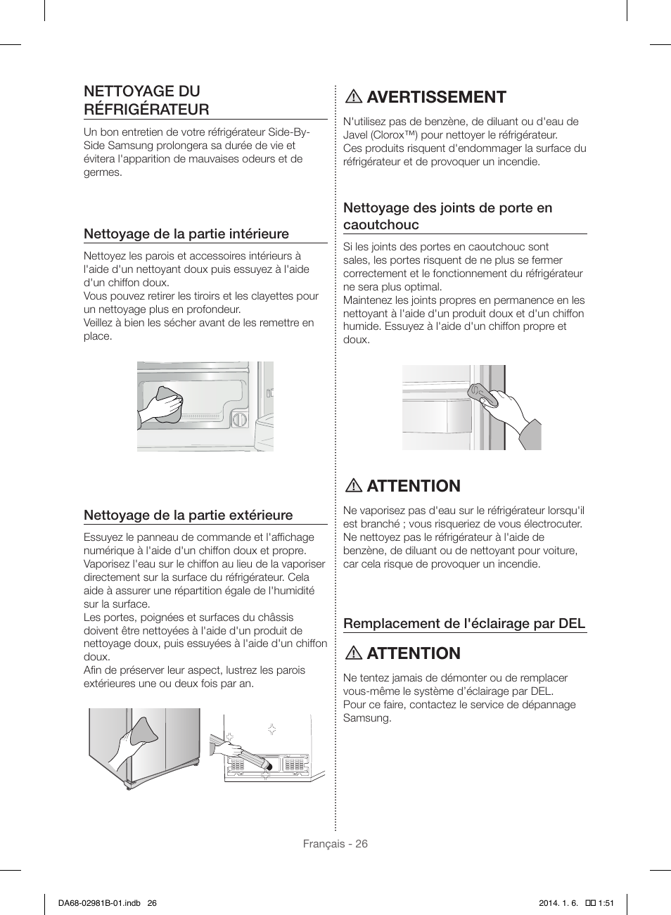 Avertissement, Attention, Nettoyage du réfrigérateur | Samsung RS25H5121SR-AA User Manual | Page 90 / 96