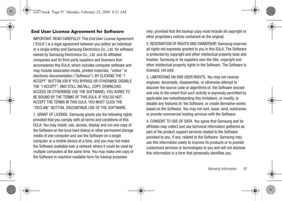 End user license agreement for software | Samsung SGH-A167ZOAATT User Manual | Page 101 / 108