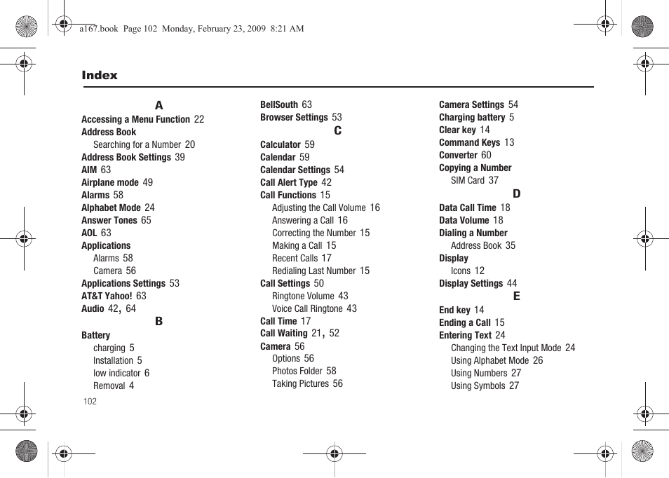 Index | Samsung SGH-A167ZOAATT User Manual | Page 106 / 108