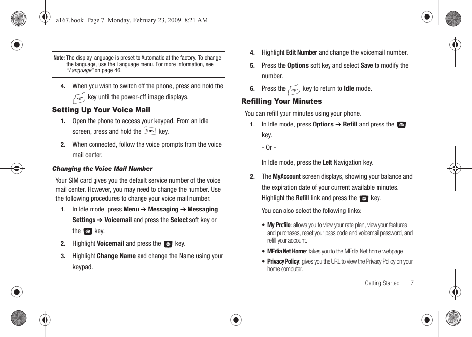 Setting up your voice mail, Refilling your minutes, Setting up your voice mail refilling your minutes | Samsung SGH-A167ZOAATT User Manual | Page 11 / 108