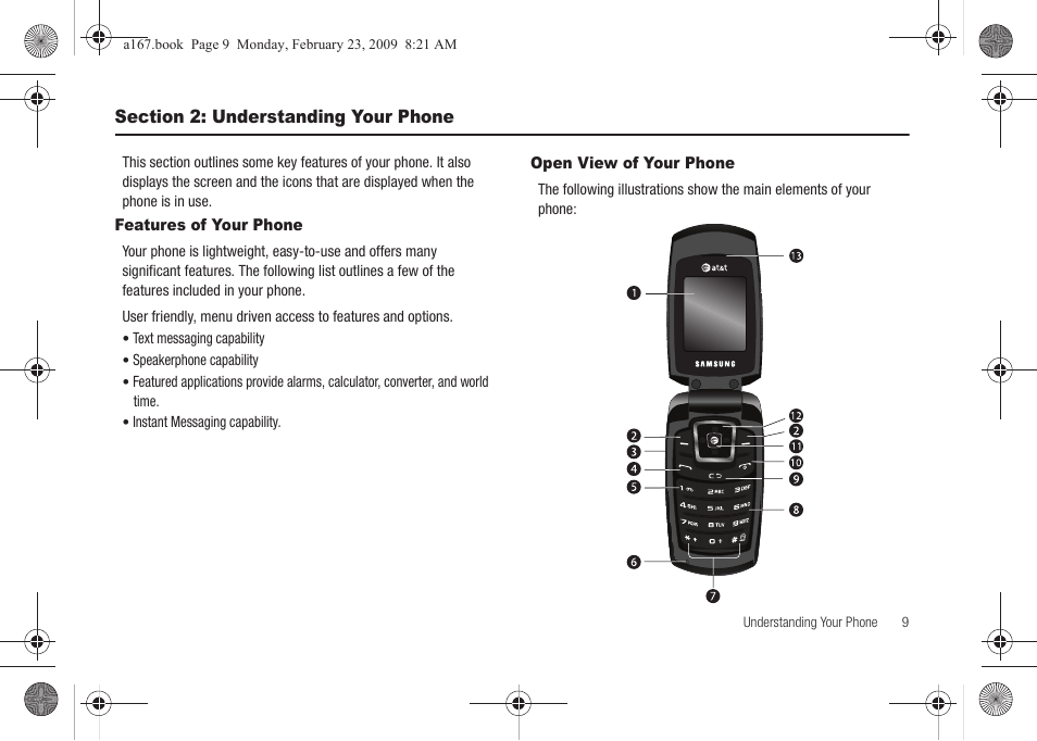 Section 2: understanding your phone, Features of your phone, Open view of your phone | Features of your phone open view of your phone | Samsung SGH-A167ZOAATT User Manual | Page 13 / 108