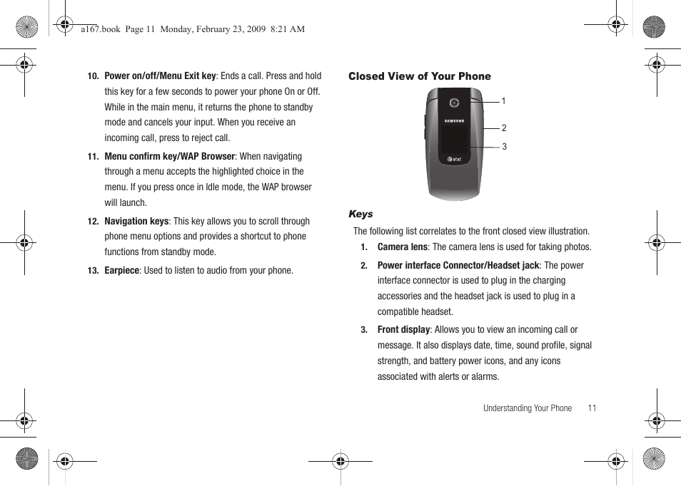 Closed view of your phone | Samsung SGH-A167ZOAATT User Manual | Page 15 / 108