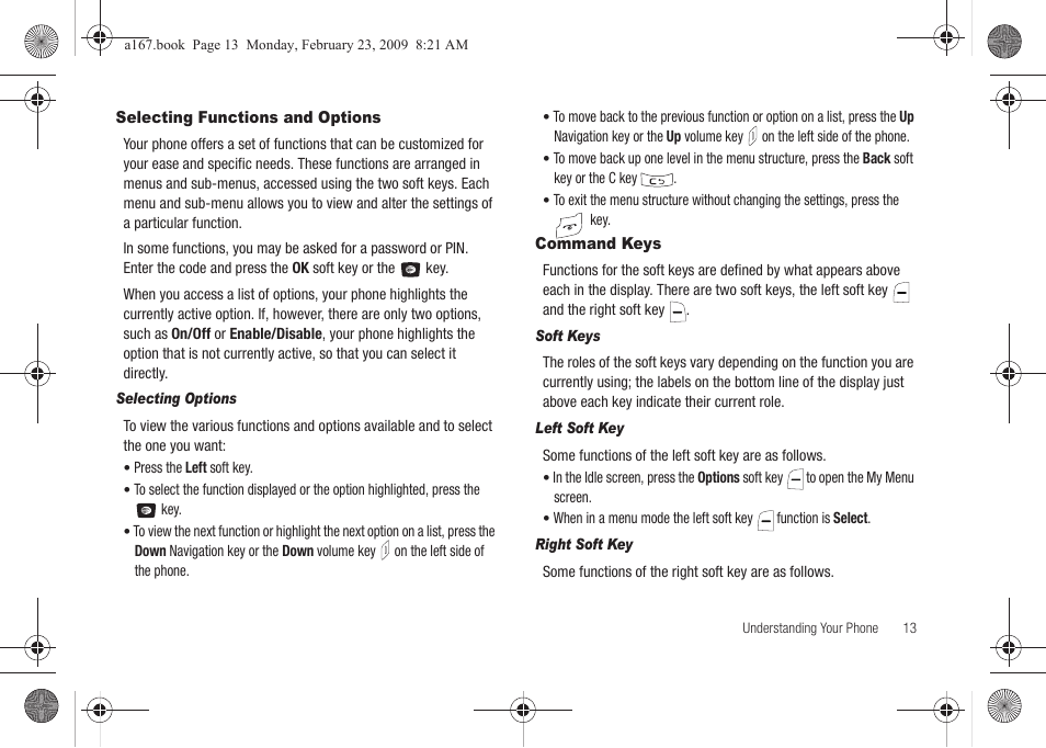 Selecting functions and options, Command keys, Selecting functions and options command keys | Samsung SGH-A167ZOAATT User Manual | Page 17 / 108