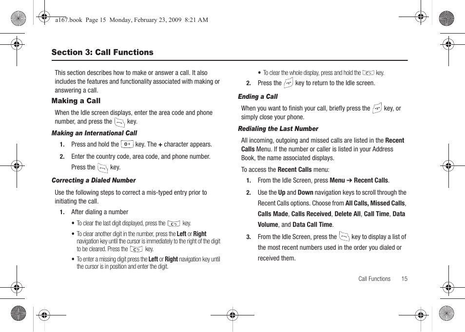 Section 3: call functions, Making a call | Samsung SGH-A167ZOAATT User Manual | Page 19 / 108