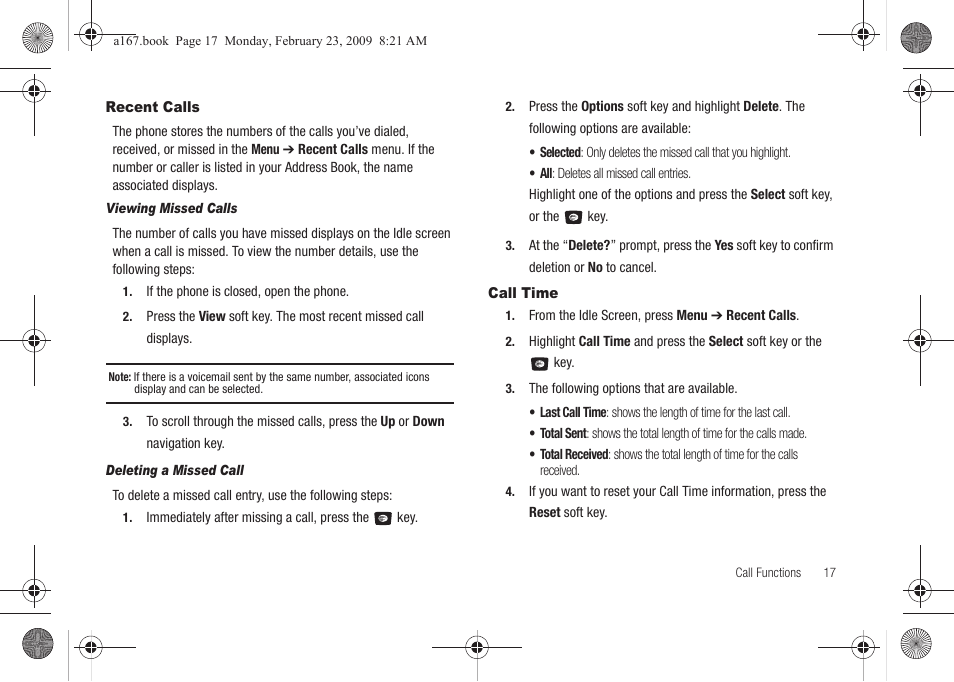 Recent calls, Call time, Recent calls call time | Samsung SGH-A167ZOAATT User Manual | Page 21 / 108