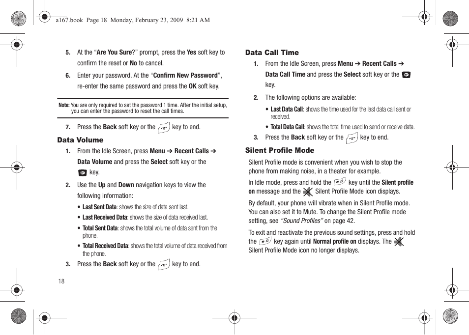 Data volume, Data call time, Silent profile mode | Data volume data call time silent profile mode | Samsung SGH-A167ZOAATT User Manual | Page 22 / 108