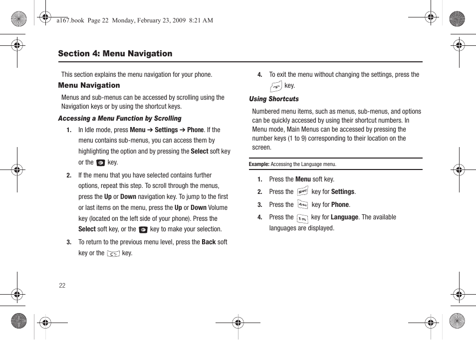 Section 4: menu navigation, Menu navigation | Samsung SGH-A167ZOAATT User Manual | Page 26 / 108