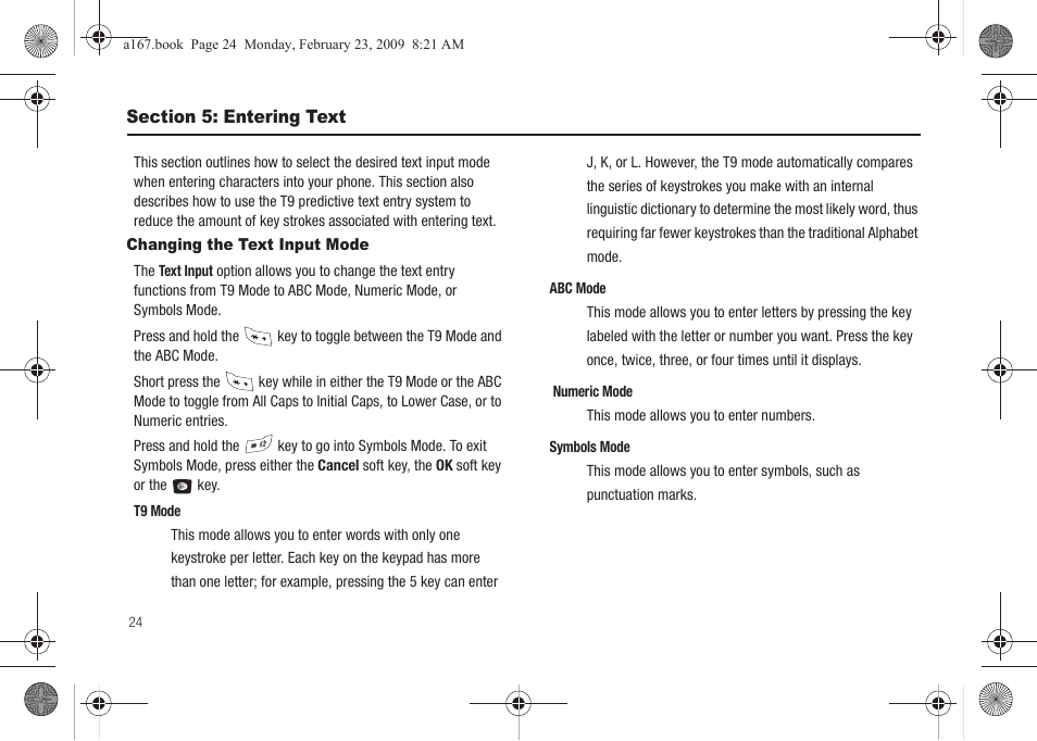 Section 5: entering text, Changing the text input mode | Samsung SGH-A167ZOAATT User Manual | Page 28 / 108