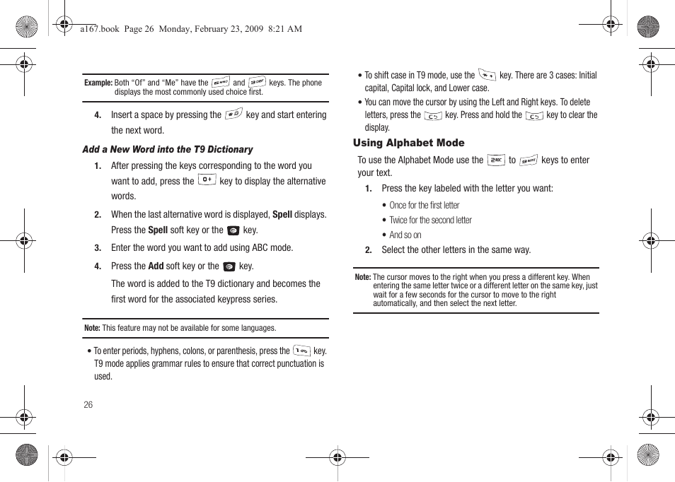 Using alphabet mode | Samsung SGH-A167ZOAATT User Manual | Page 30 / 108