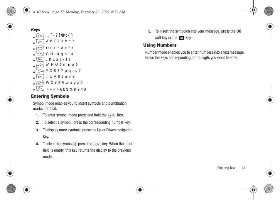 Entering symbols, Using numbers, Entering symbols using numbers | Samsung SGH-A167ZOAATT User Manual | Page 31 / 108