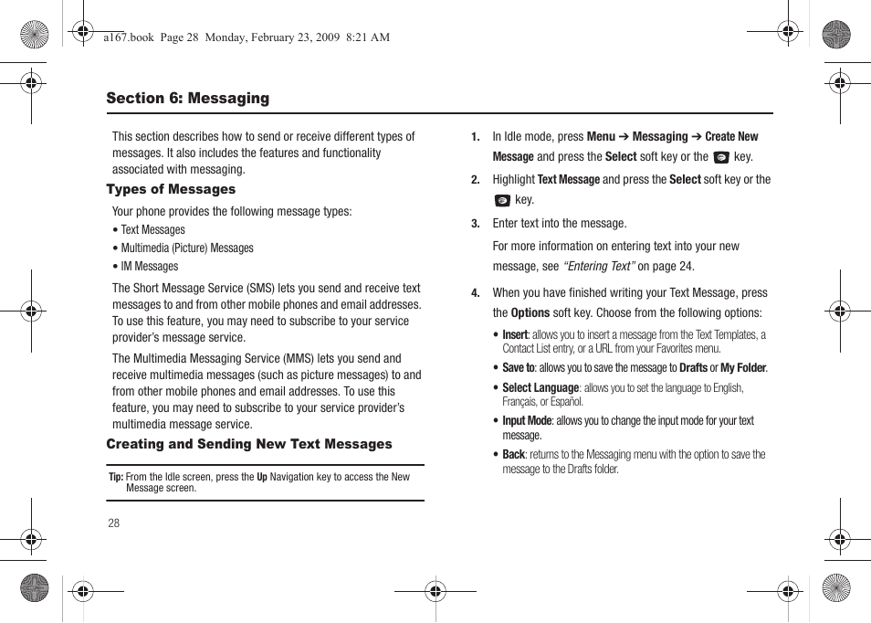 Section 6: messaging, Types of messages, Creating and sending new text messages | Samsung SGH-A167ZOAATT User Manual | Page 32 / 108