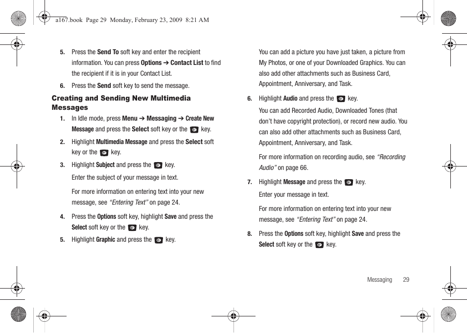 Creating and sending new multimedia messages | Samsung SGH-A167ZOAATT User Manual | Page 33 / 108