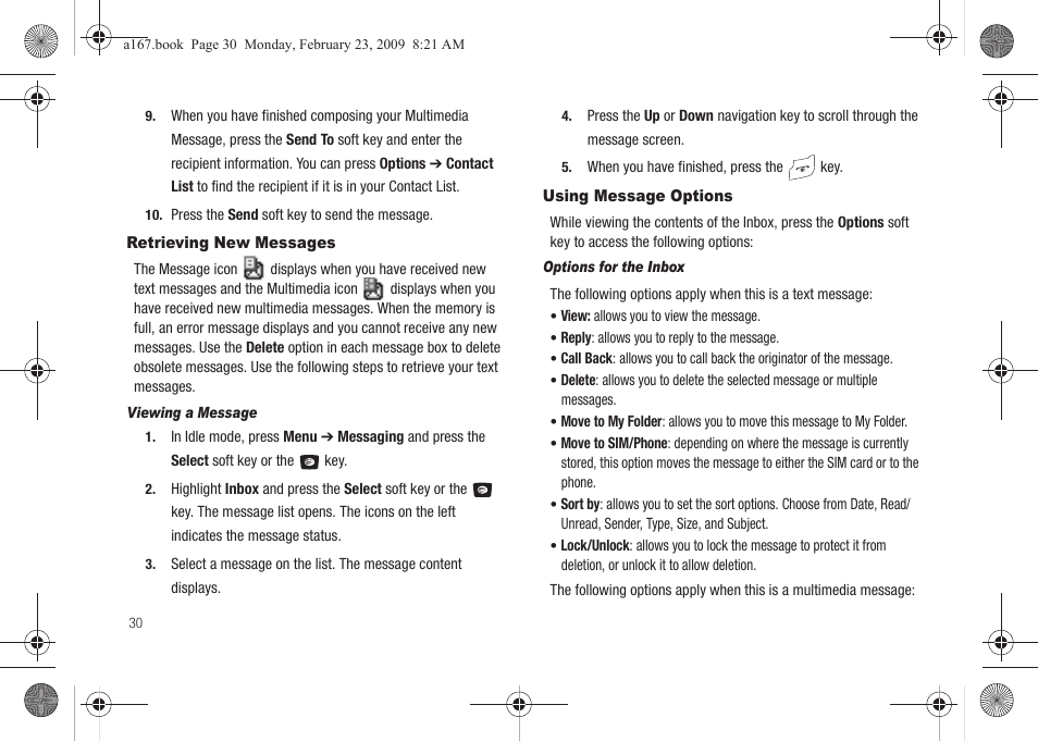 Retrieving new messages, Using message options, Retrieving new messages using message options | Samsung SGH-A167ZOAATT User Manual | Page 34 / 108