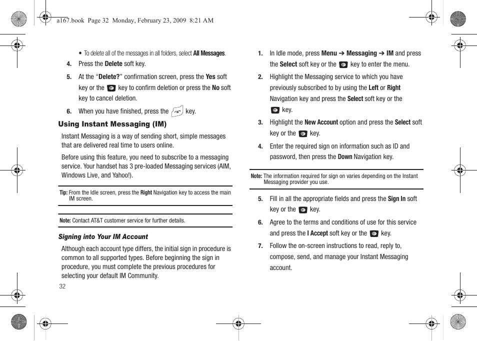 Using instant messaging (im) | Samsung SGH-A167ZOAATT User Manual | Page 36 / 108