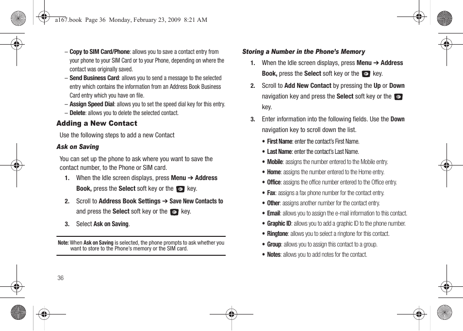 Adding a new contact | Samsung SGH-A167ZOAATT User Manual | Page 40 / 108