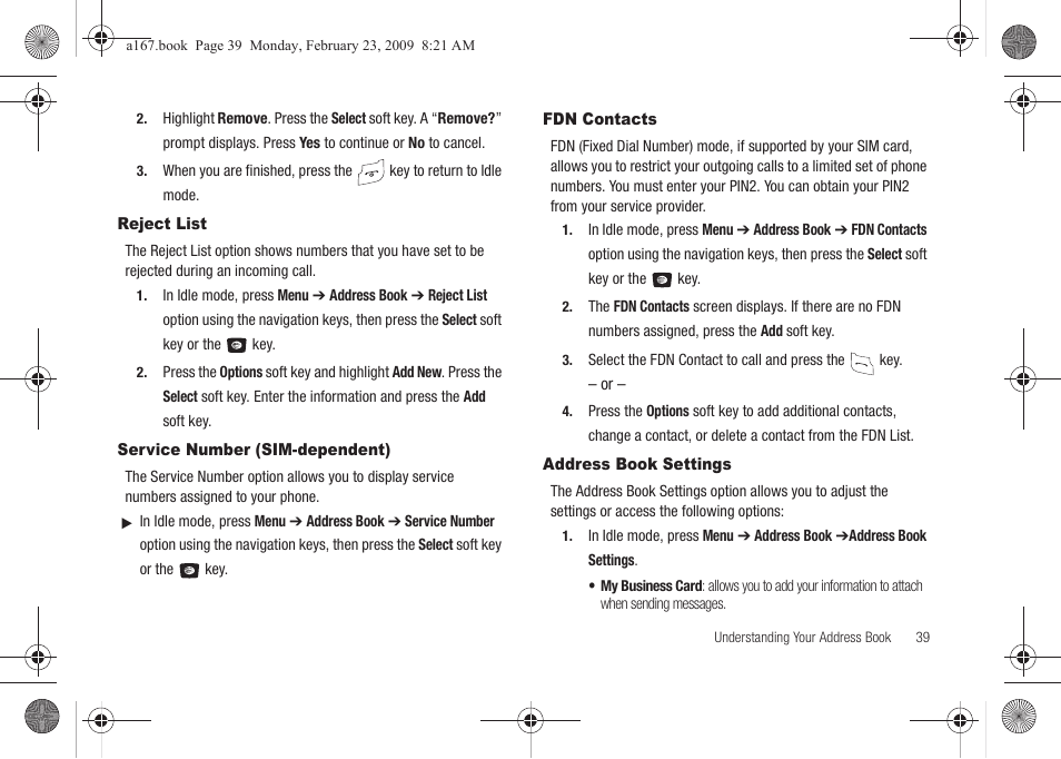 Reject list, Service number (sim-dependent), Fdn contacts | Address book settings | Samsung SGH-A167ZOAATT User Manual | Page 43 / 108